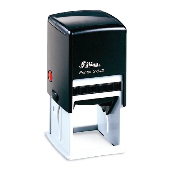 S-542 Shiny Custom Self-Inking Rubber Stamp. Impression Size: 38mm x 38mm. Up to 7 Lines of Custom Text.