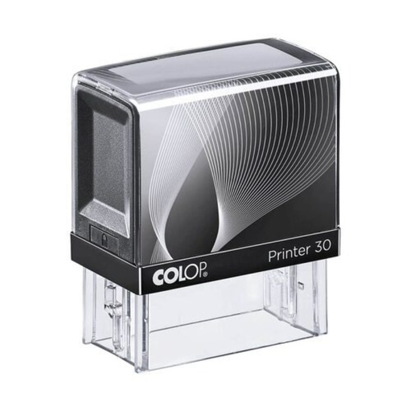Colop P30 Custom Self-Inking Stamp. Impression: 45mm x 16mm. Recommended 1-4 lines of text. Ink pad colours are black, red, blue, green, violet, brown, orange and turquoise.